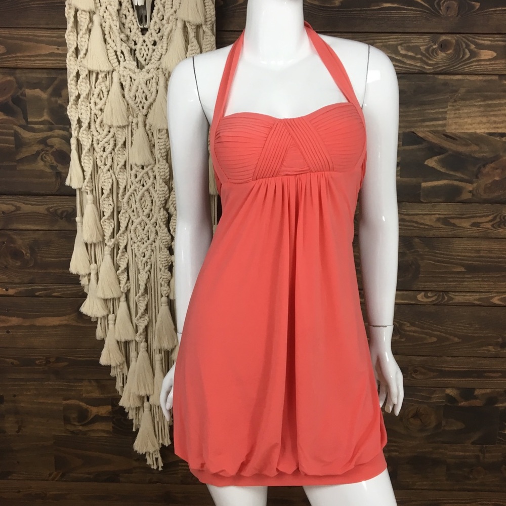 BCGBMaxAria | Halter Neck Tie Back Bubble Dress Coral Ruched Design Mini Dress